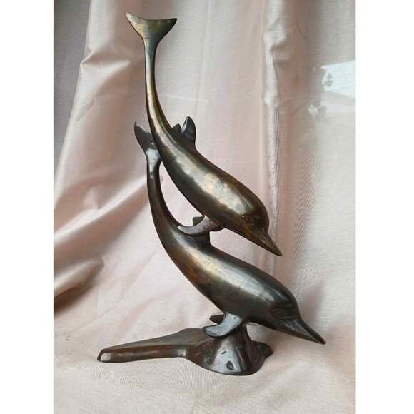 Sculpted MCM Vintage Bronze Swimming Dolphins Statue - Picture 1 of 7